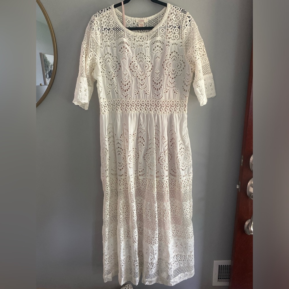 Sundance - eyelet short sleeve maxi dress with nude slip